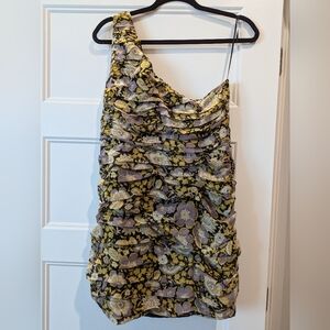 ZARA asymmetrical one shoulder ruched mini dress Size L olive floral print